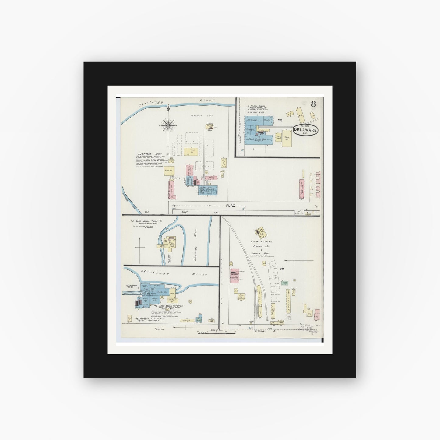 Old map wall art mockup — black gallery frame with white mat — Sanborn Fire Insurance Map from Delaware, Delaware County, Ohio (1890), Sheet #0008