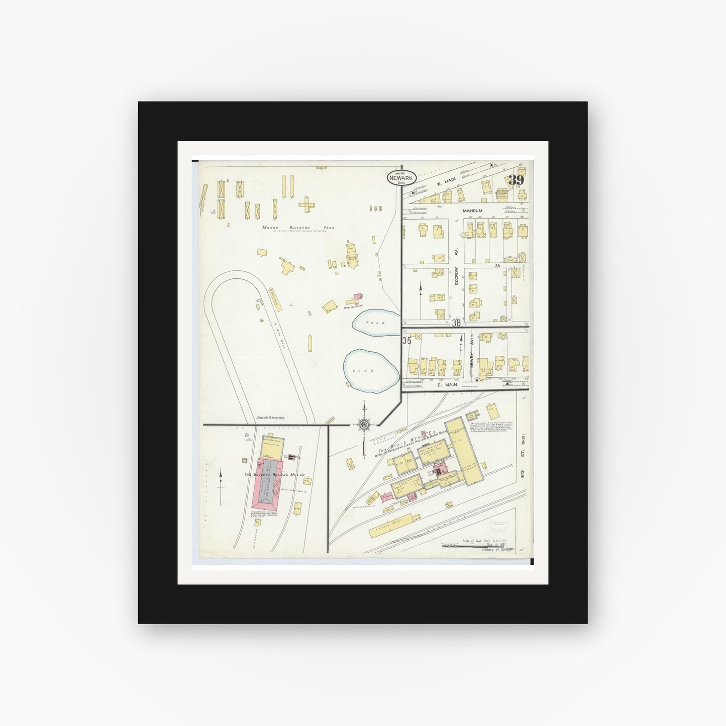 Old map wall art mockup — black gallery frame with white mat — Sanborn Fire Insurance Map from Newark, Licking County, Ohio (1912), Sheet #0039