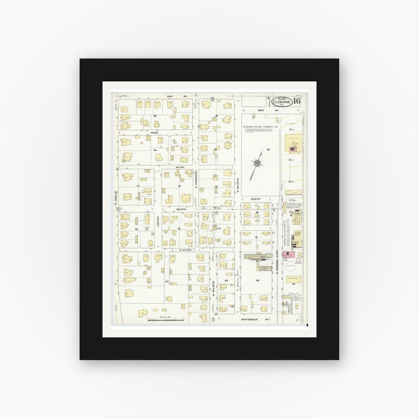 Old map wall art mockup — black gallery frame with white mat — Sanborn Fire Insurance Map from Cleburne, Johnson County, Texas (1910), Sheet #0016