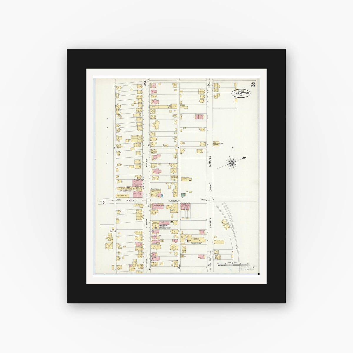 Old map wall art mockup β black gallery frame with white mat β Sanborn Fire Insurance Map from Dallastown, York County, Pennsylvania (1908), Sheet #0003