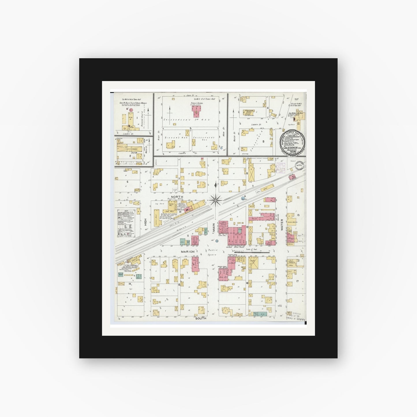 Old map wall art mockup — black gallery frame with white mat — Sanborn Fire Insurance Map from Caledonia, Marion County, Ohio (1901), Sheet #0001