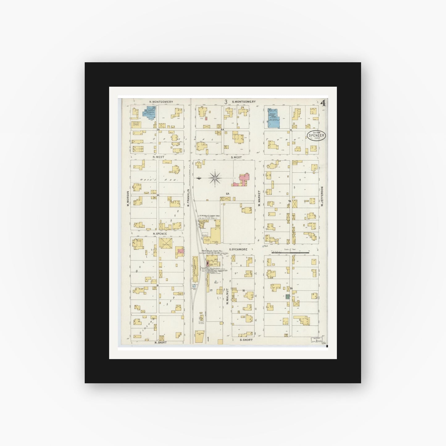 Old map wall art mockup — black gallery frame with white mat — Sanborn Fire Insurance Map from Spencer, Owen County, Indiana (1898), Sheet #0004