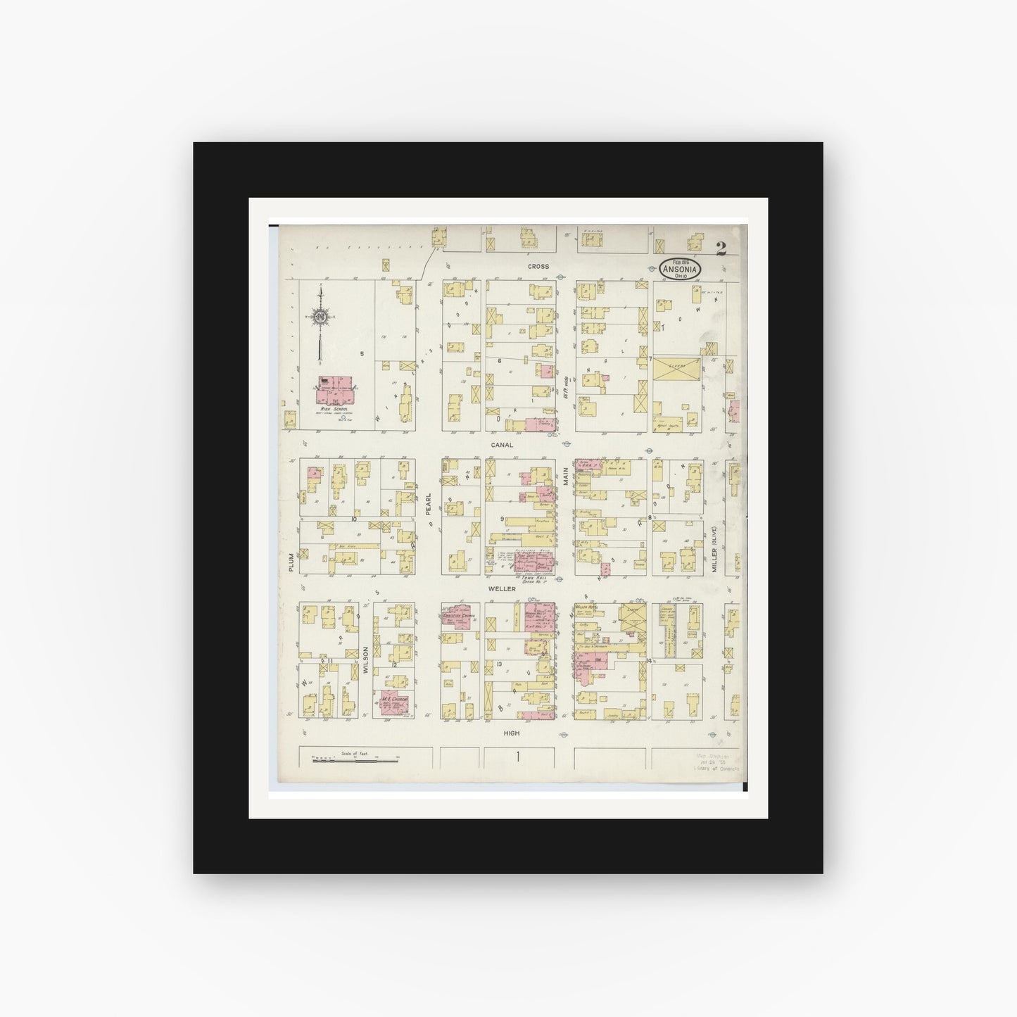 Old map wall art mockup — black gallery frame with white mat — Sanborn Fire Insurance Map from Ansonia, Darke County, Ohio (1915), Sheet #0002