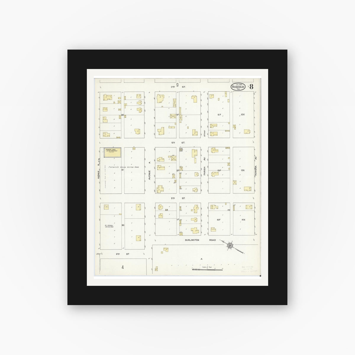 Old map wall art mockup — black gallery frame with white mat — Sanborn Fire Insurance Map from Rosebud, Falls County, Texas (1914), Sheet #0008