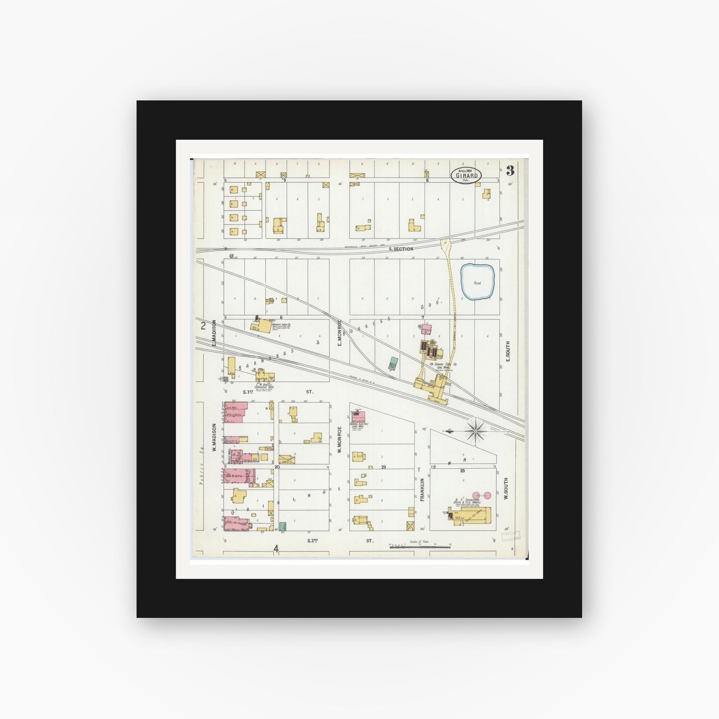 Old map wall art mockup — black gallery frame with white mat — Sanborn Fire Insurance Map from Girard, Macoupin County, Illinois (1900), Sheet #0003