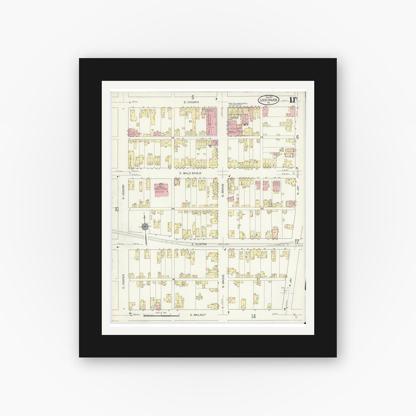 Old map wall art mockup — black gallery frame with white mat — Sanborn Fire Insurance Map from Lock Haven, Clinton County, Pennsylvania (1914), Sheet #0011