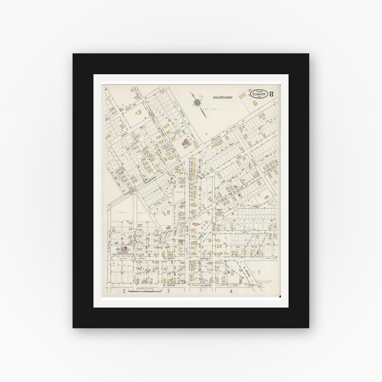 Old map wall art mockup — black gallery frame with white mat — Sanborn Fire Insurance Map from Dunkirk, Jay And Blackford Counties, Indiana (1915), Sheet #0008