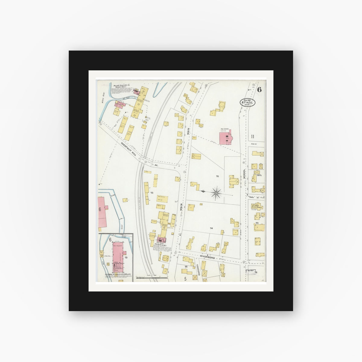 Old map wall art mockup — black gallery frame with white mat — Sanborn Fire Insurance Map from Athol, Worcester County, Massachusetts (1905), Sheet #0006