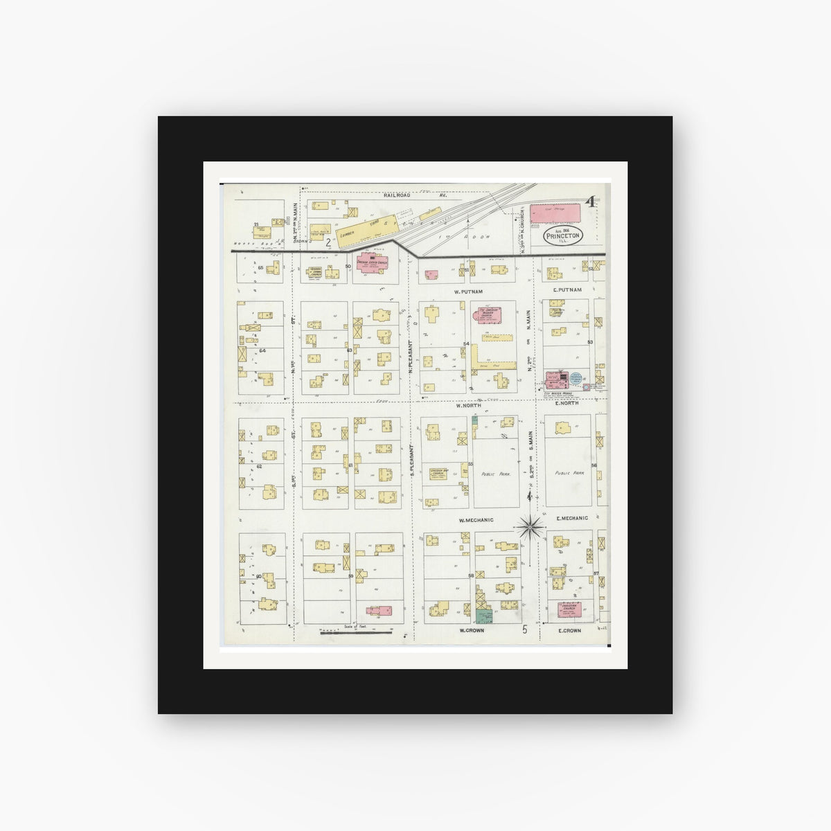 Old map wall art mockup — black gallery frame with white mat — Sanborn Fire Insurance Map from Princeton, Bureau County, Illinois (1906), Sheet #0004