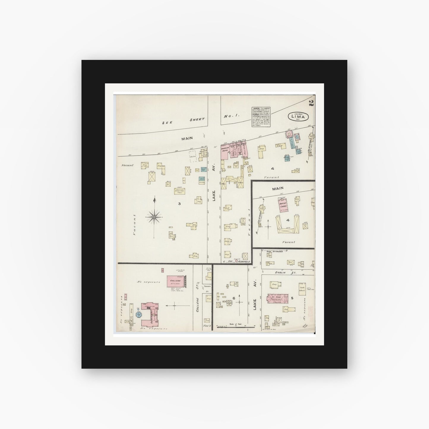 Old map wall art mockup — black gallery frame with white mat — Sanborn Fire Insurance Map from Lima, Livingston County, New York (1884), Sheet #0002