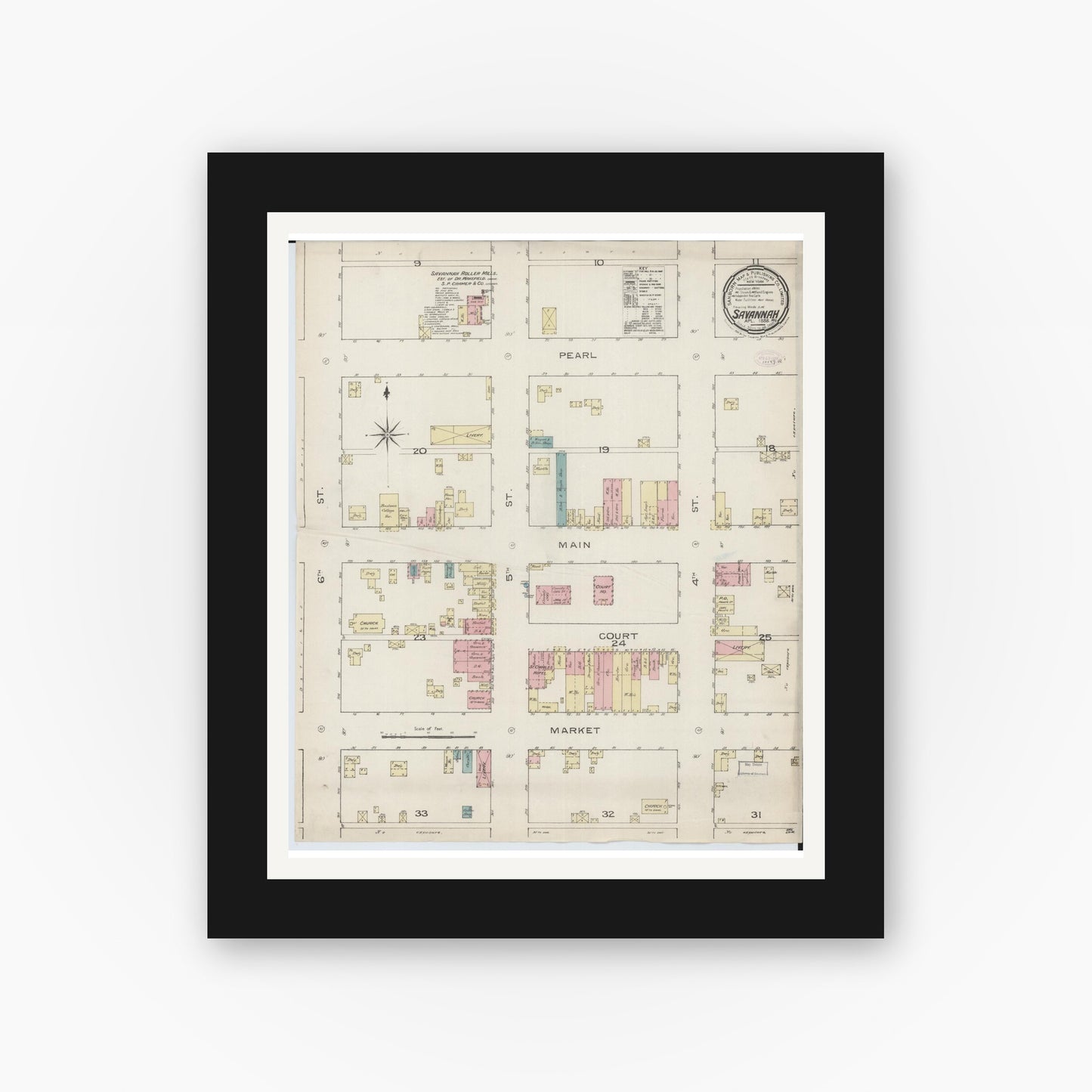 Old map wall art mockup — black gallery frame with white mat — Sanborn Fire Insurance Map from Savannah, Andrew County, Missouri (1886), Sheet #0001