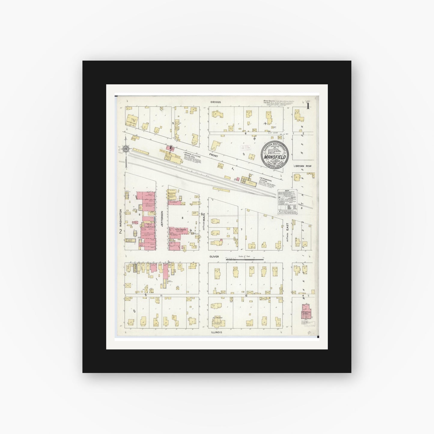 Old map wall art mockup — black gallery frame with white mat — Sanborn Fire Insurance Map from Mansfield, Piatt County, Illinois (1911) - Complete Map Set