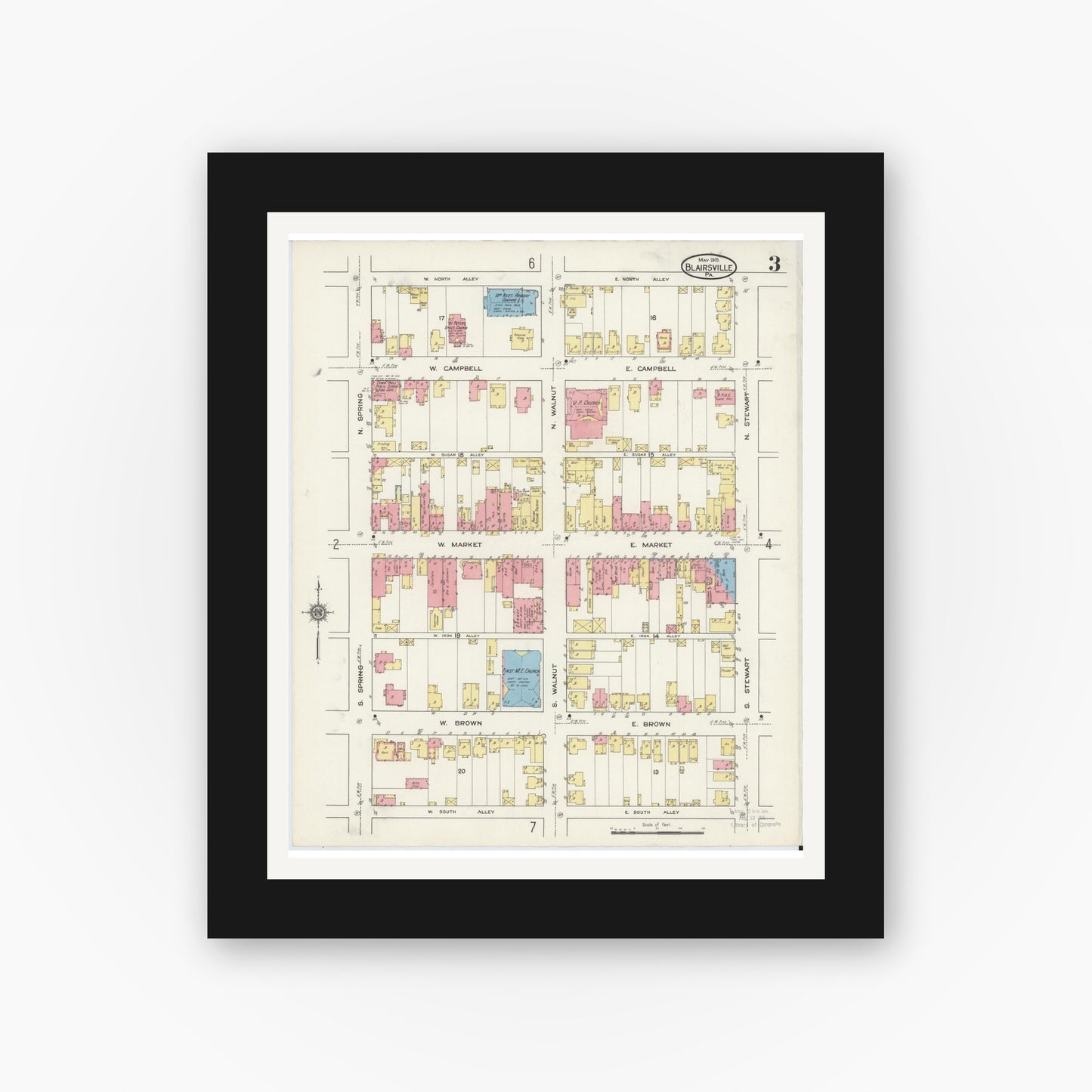 Old map wall art mockup — black gallery frame with white mat — Sanborn Fire Insurance Map from Blairsville, Indiana County, Pennsylvania (1915), Sheet #0003
