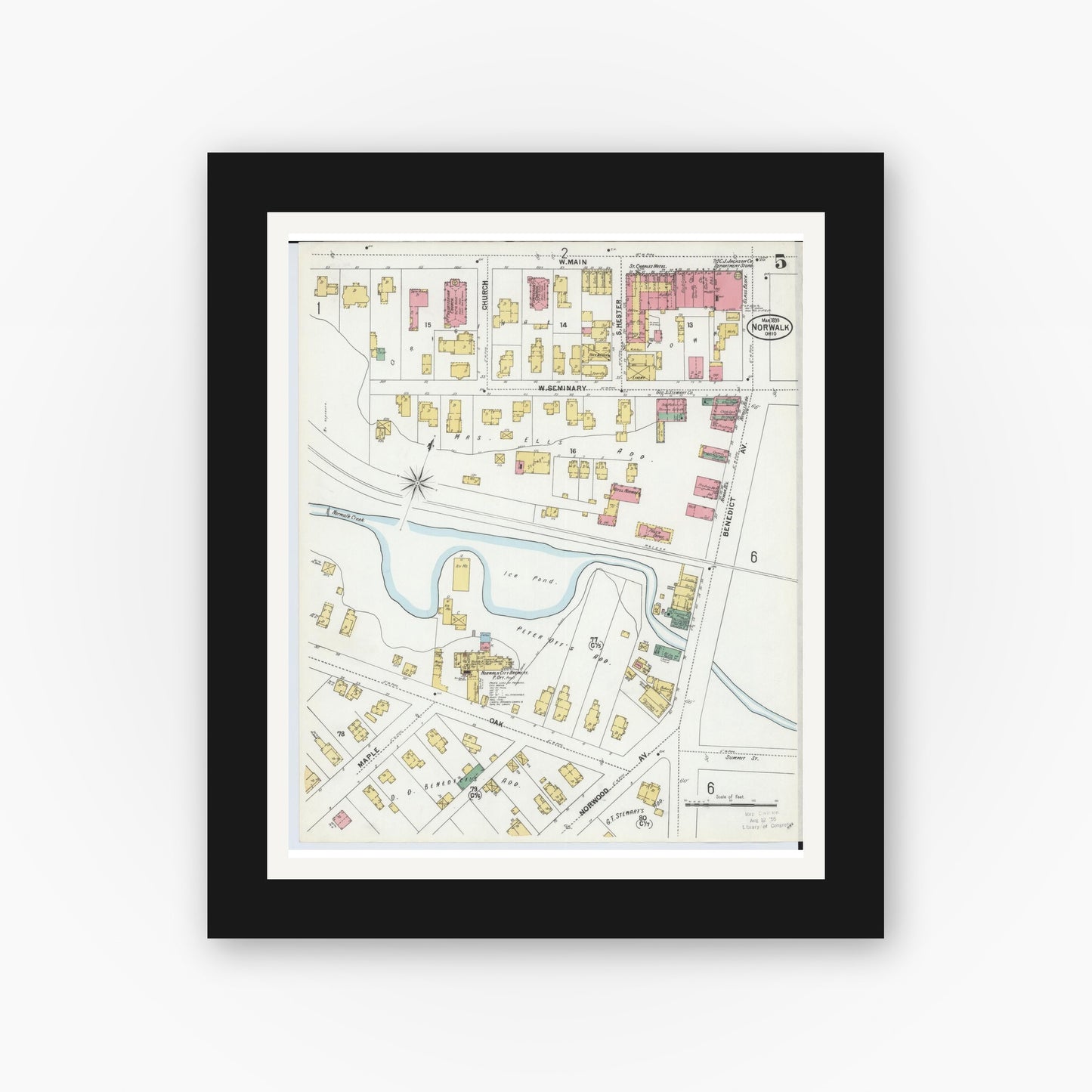 Old map wall art mockup — black gallery frame with white mat — Sanborn Fire Insurance Map from Norwalk, Huron County, Ohio (1899), Sheet #0005