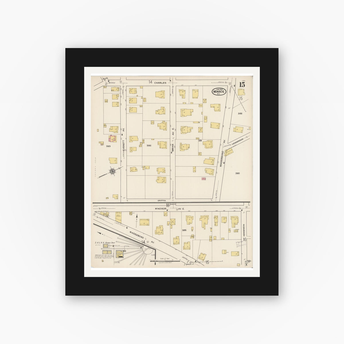 Old map wall art mockup — black gallery frame with white mat — Sanborn Fire Insurance Map from Monroe, Union County, North Carolina (1922), Sheet #0015