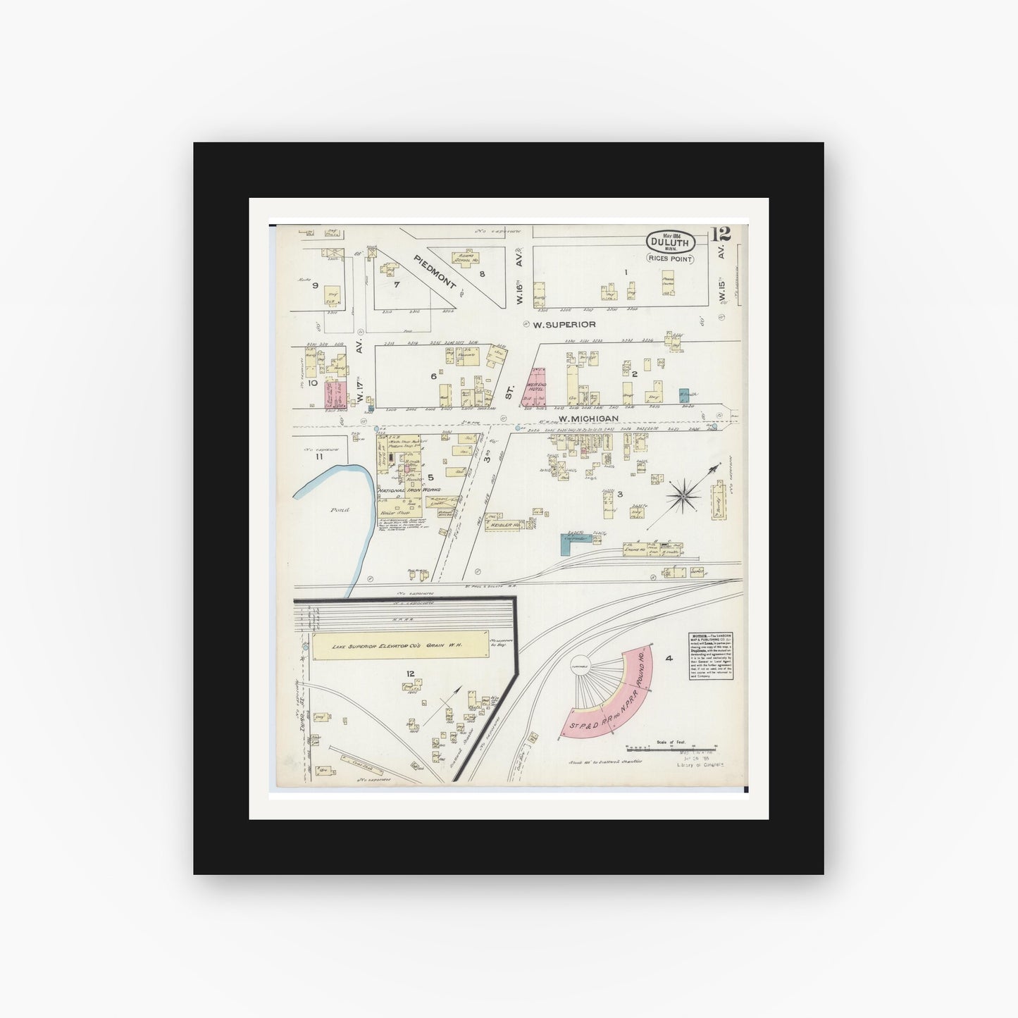 Old map wall art mockup — black gallery frame with white mat — Sanborn Fire Insurance Map from Duluth, Saint Louis County, Minnesota (1884), Sheet #0012