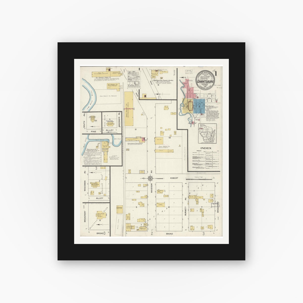 Old map wall art mockup — black gallery frame with white mat — Sanborn Fire Insurance Map from Grantsburg, Burnett County, Wisconsin (1916), Sheet #0001