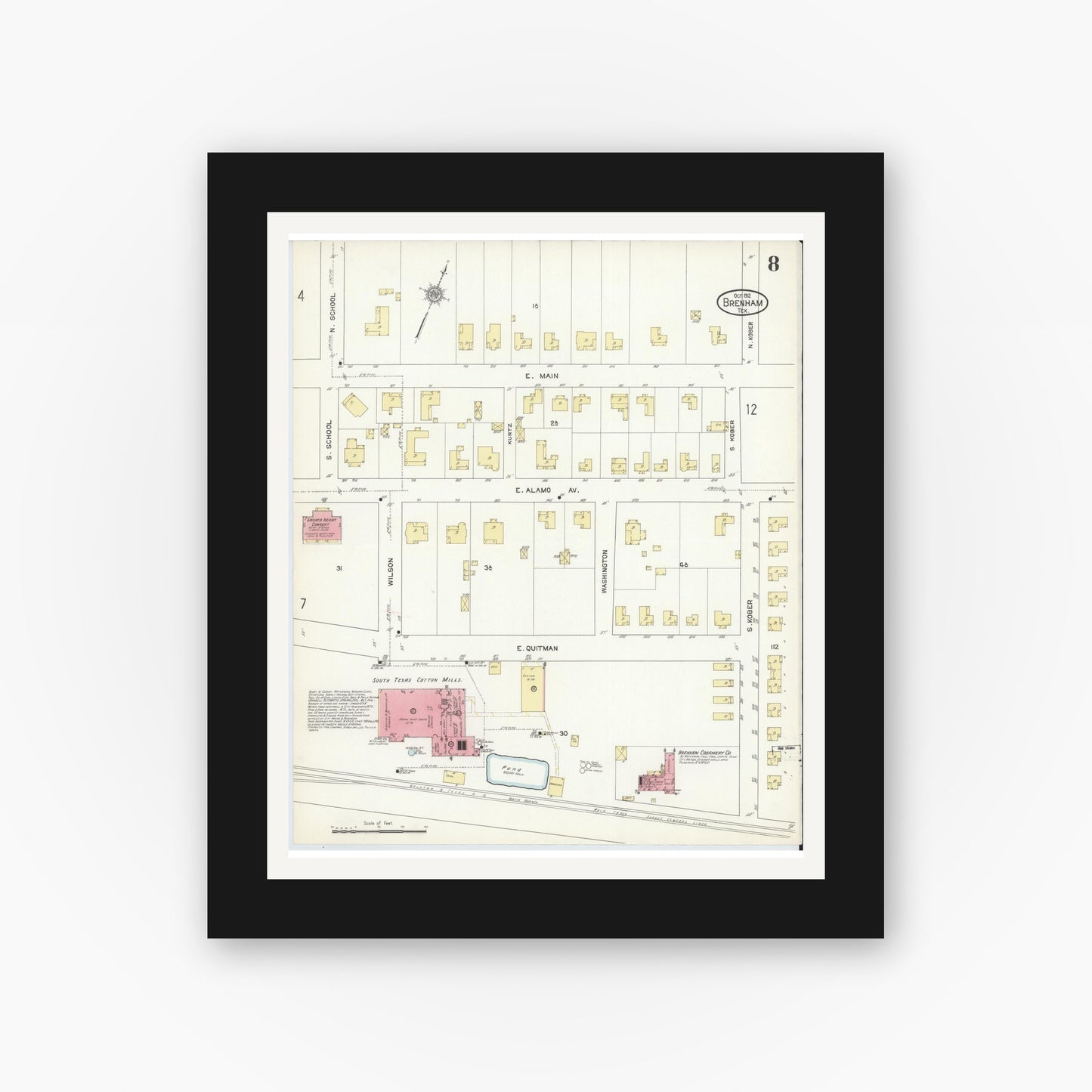 Old map wall art mockup — black gallery frame with white mat — Sanborn Fire Insurance Map from Brenham, Washington County, Texas (1912), Sheet #0008