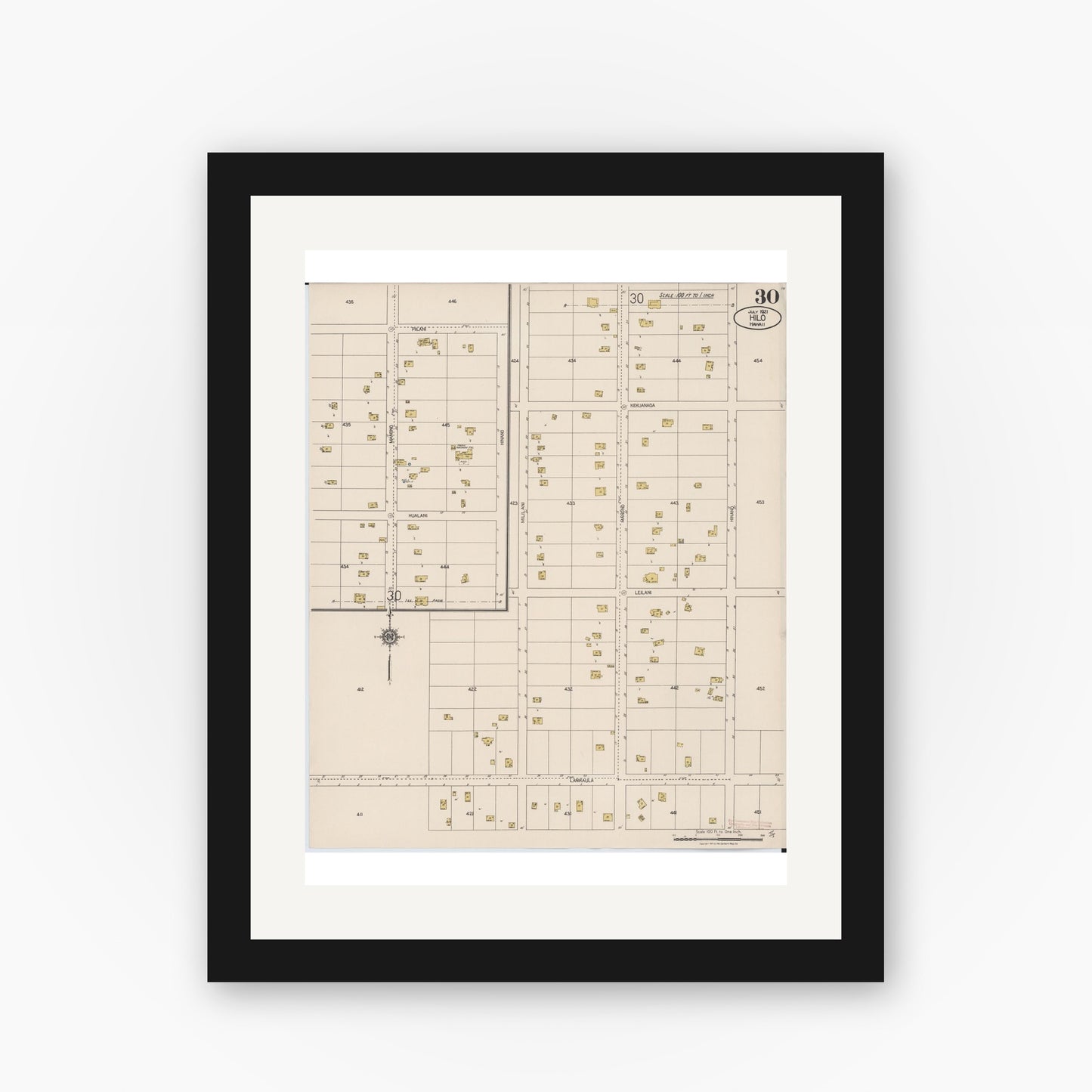 Old map wall art mockup — black gallery frame with white mat — Sanborn Fire Insurance Map from Hilo, Hawaii County, Hawaii (1921), Sheet #0030