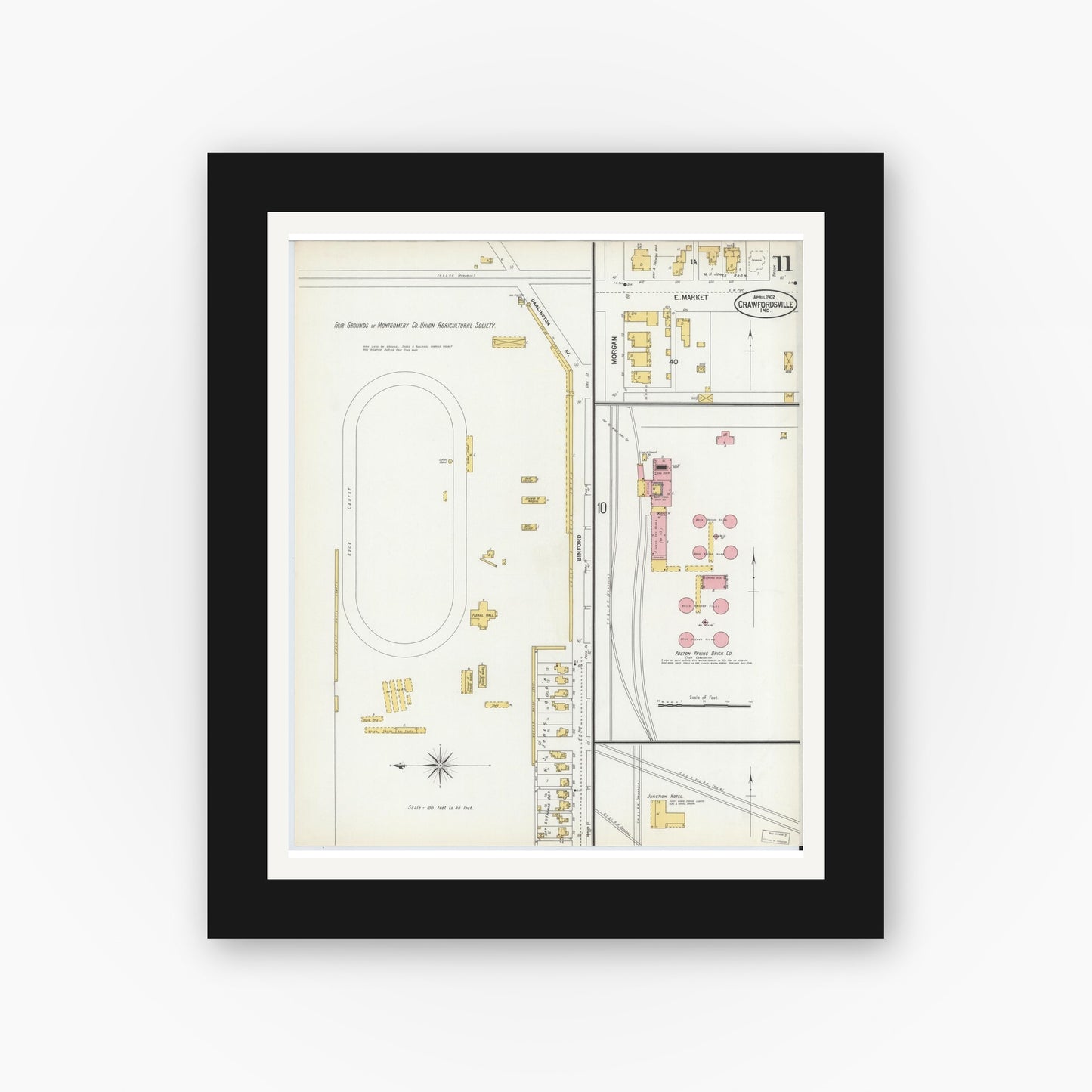 Old map wall art mockup — black gallery frame with white mat — Sanborn Fire Insurance Map from Crawfordsville, Montgomery County, Indiana (1902), Sheet #0011