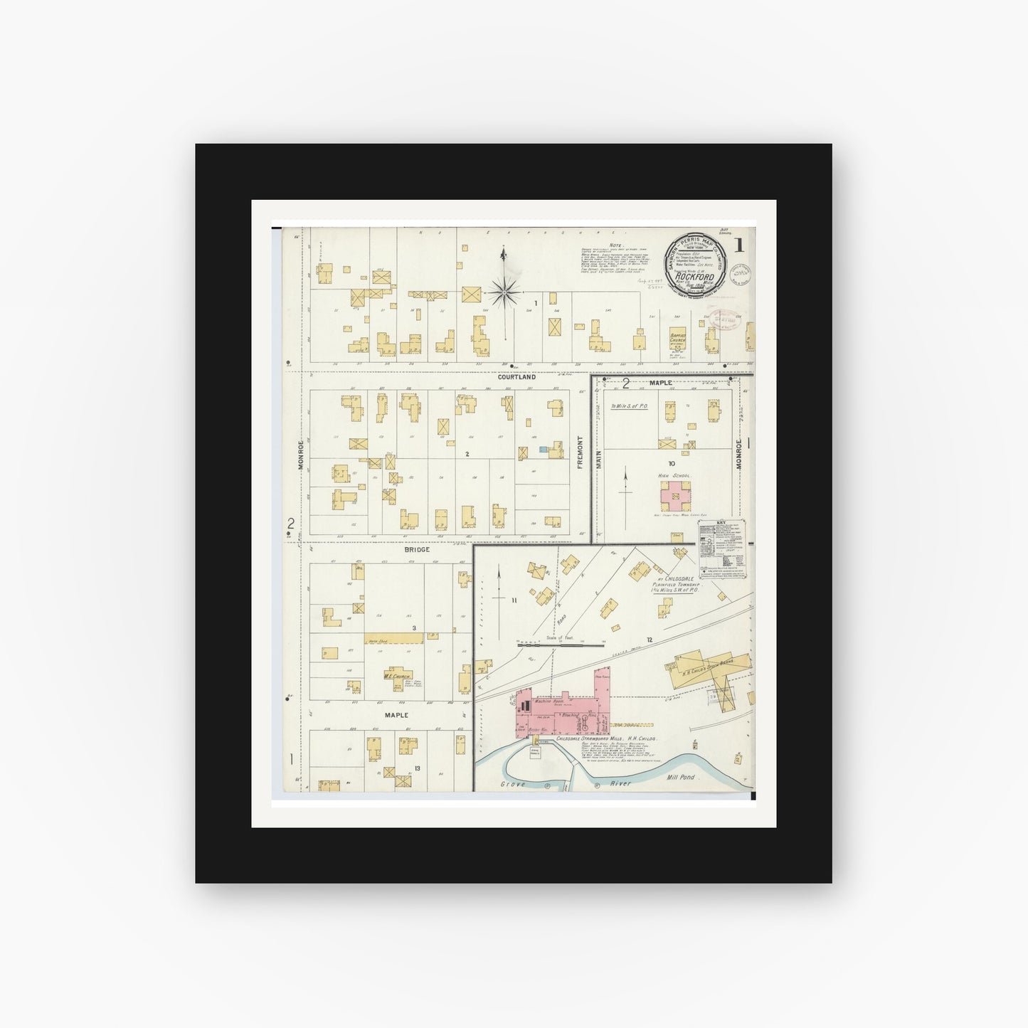 Old map wall art mockup — black gallery frame with white mat — Sanborn Fire Insurance Map from Rockford, Kent County, Michigan (1899) - Complete Map Set