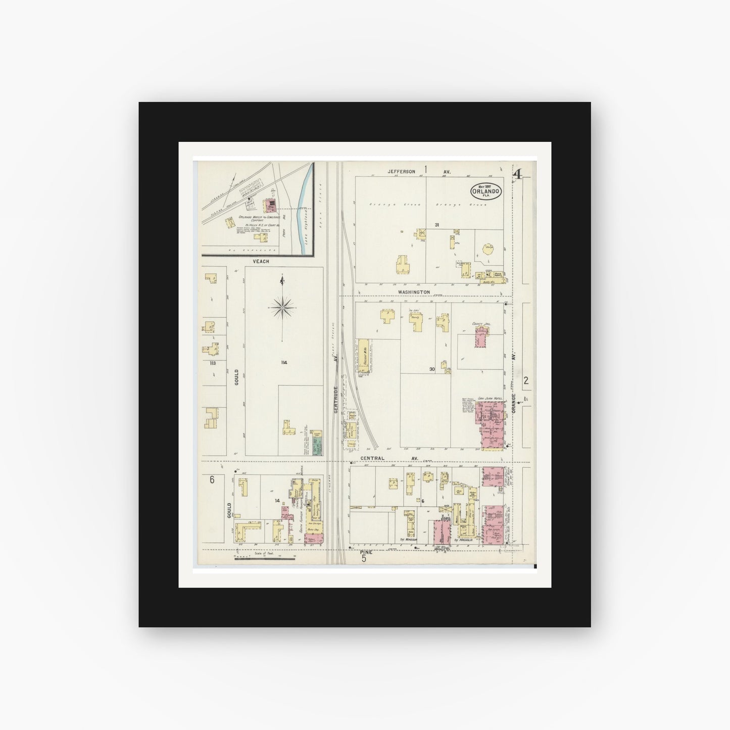 Old map wall art mockup — black gallery frame with white mat — Sanborn Fire Insurance Map from Orlando, Orange County, Florida (1897), Sheet #0004