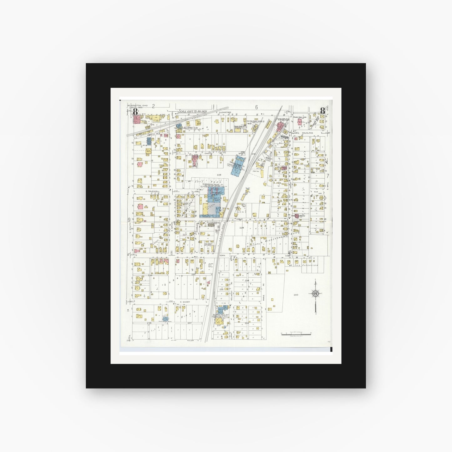 Old map wall art mockup — black gallery frame with white mat — Sanborn Fire Insurance Map from Wilmington, Clinton County, Ohio (1933), Sheet #0008