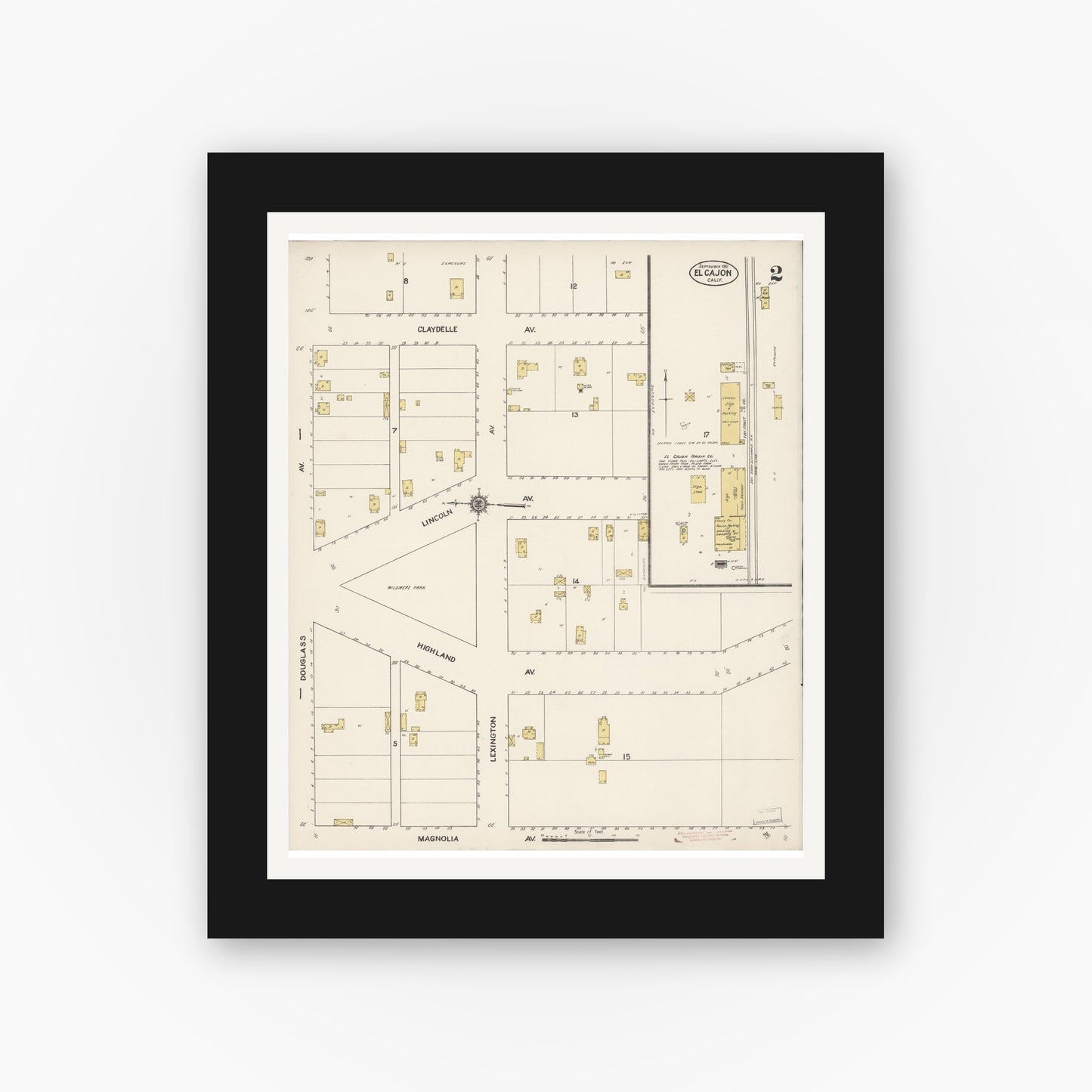 Old map wall art mockup — black gallery frame with white mat — Sanborn Fire Insurance Map from El Cajon, San Diego County, California (1911), Sheet #0002