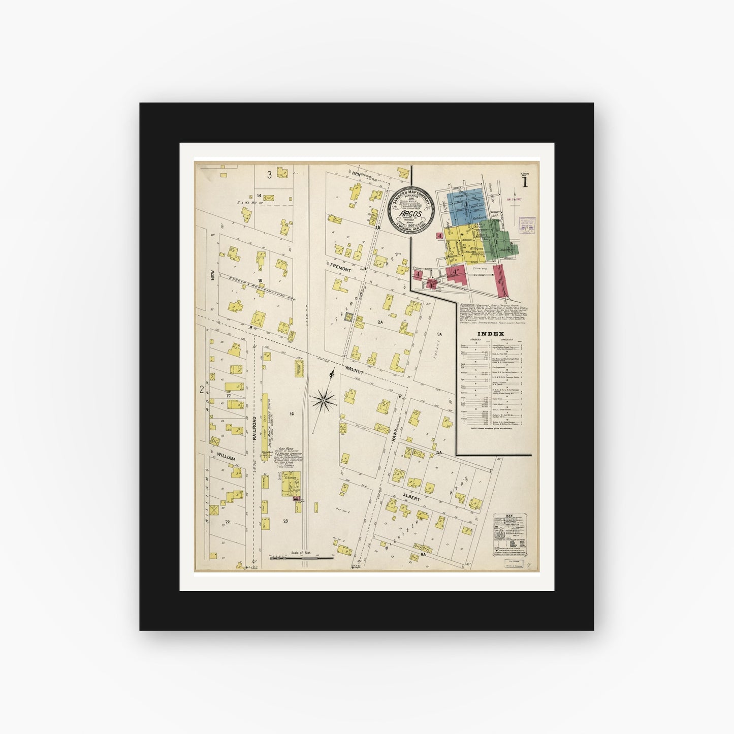 Old map wall art mockup — black gallery frame with white mat — Sanborn Fire Insurance Map from Argos, Marshall County, Indiana (1907), Sheet #0001