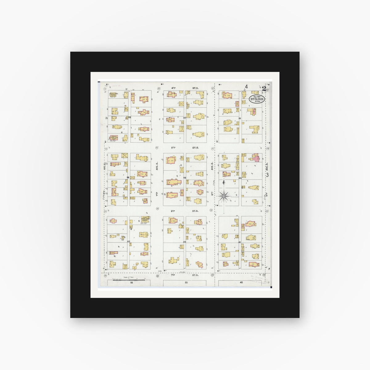 Old map wall art mockup — black gallery frame with white mat — Sanborn Fire Insurance Map from Saint Cloud, Stearns, Benton, and Sherburne Counties, Minnesota (1904), Sheet #0002
