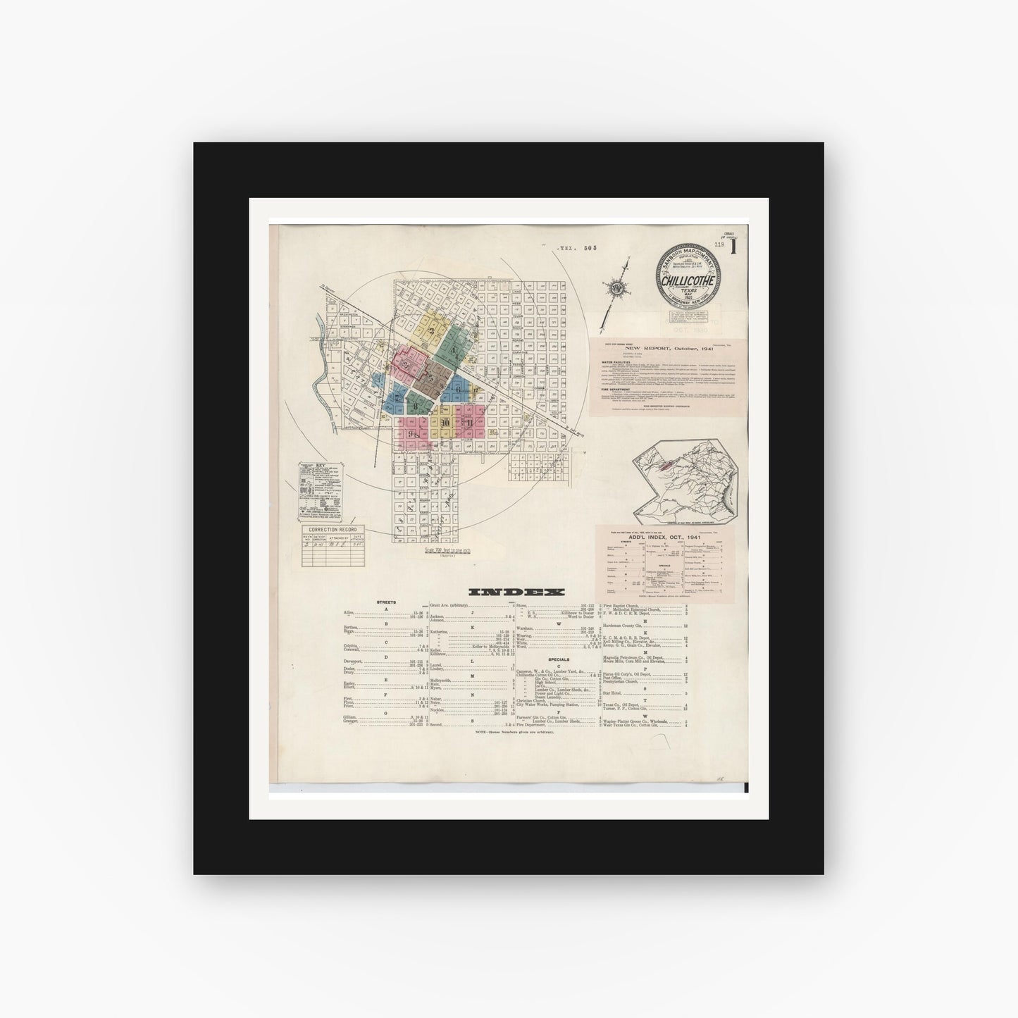 Old map wall art mockup — black gallery frame with white mat — Sanborn Fire Insurance Map from Chillicothe, Hardeman County, Texas (1941), Sheet #0001