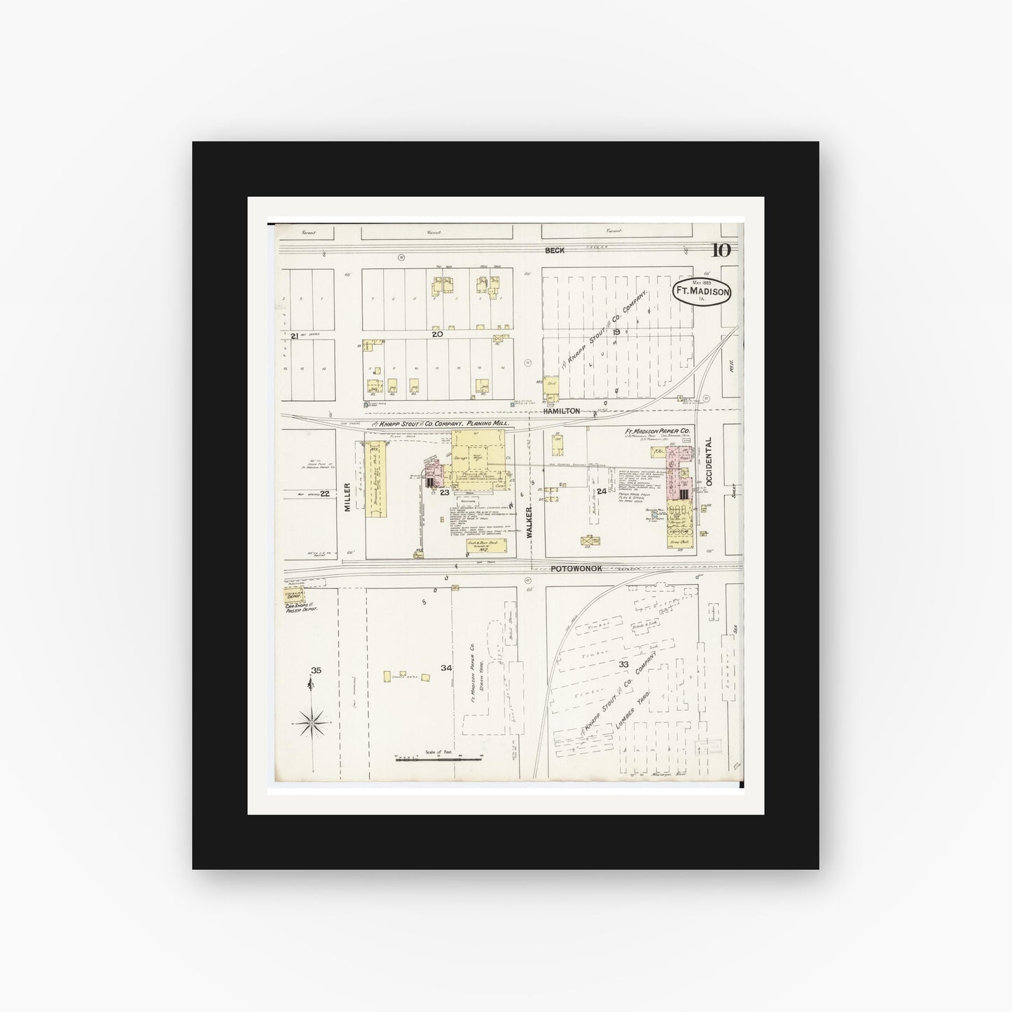 Old map wall art mockup — black gallery frame with white mat — Sanborn Fire Insurance Map from Fort Madison, Lee County, Iowa (1889), Sheet #0010
