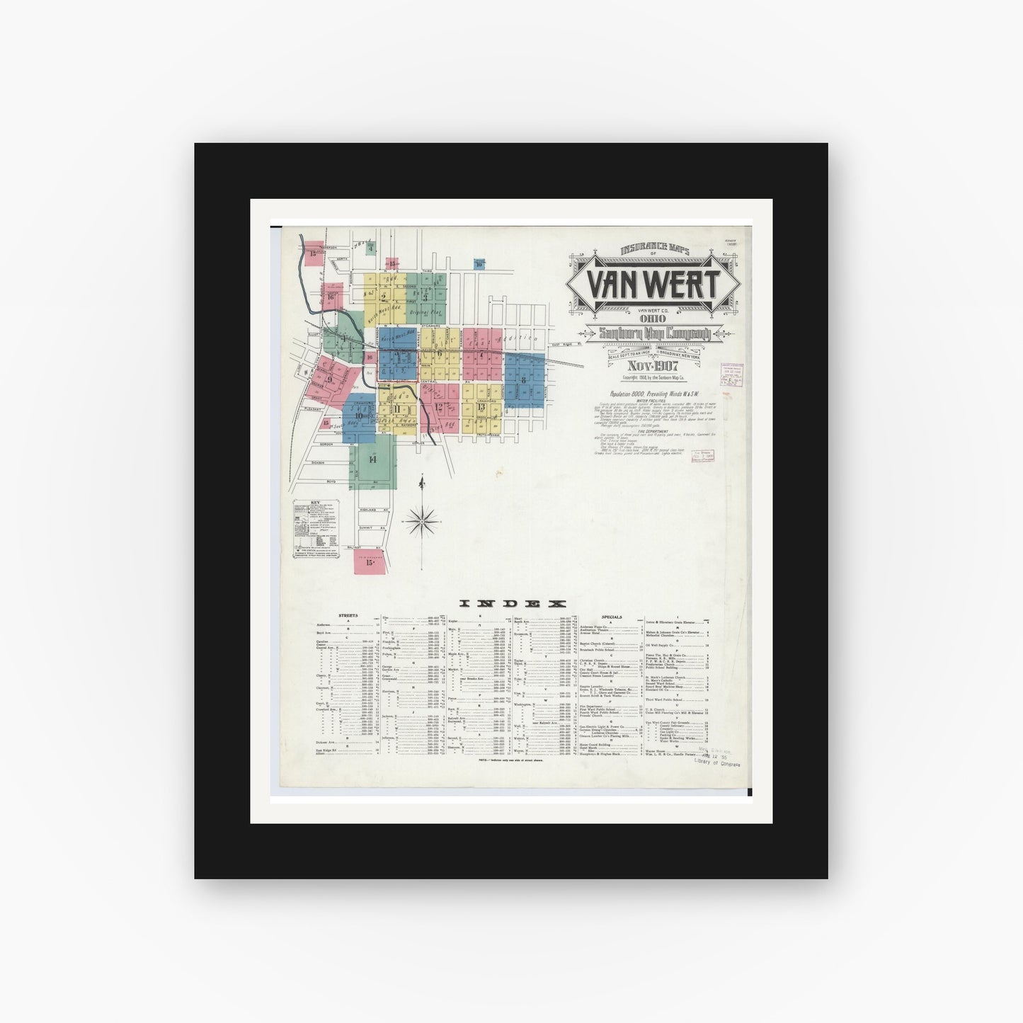 Old map wall art mockup — black gallery frame with white mat — Sanborn Fire Insurance Map from Van Wert, Van Wert County, Ohio (1907) - Complete Map Set