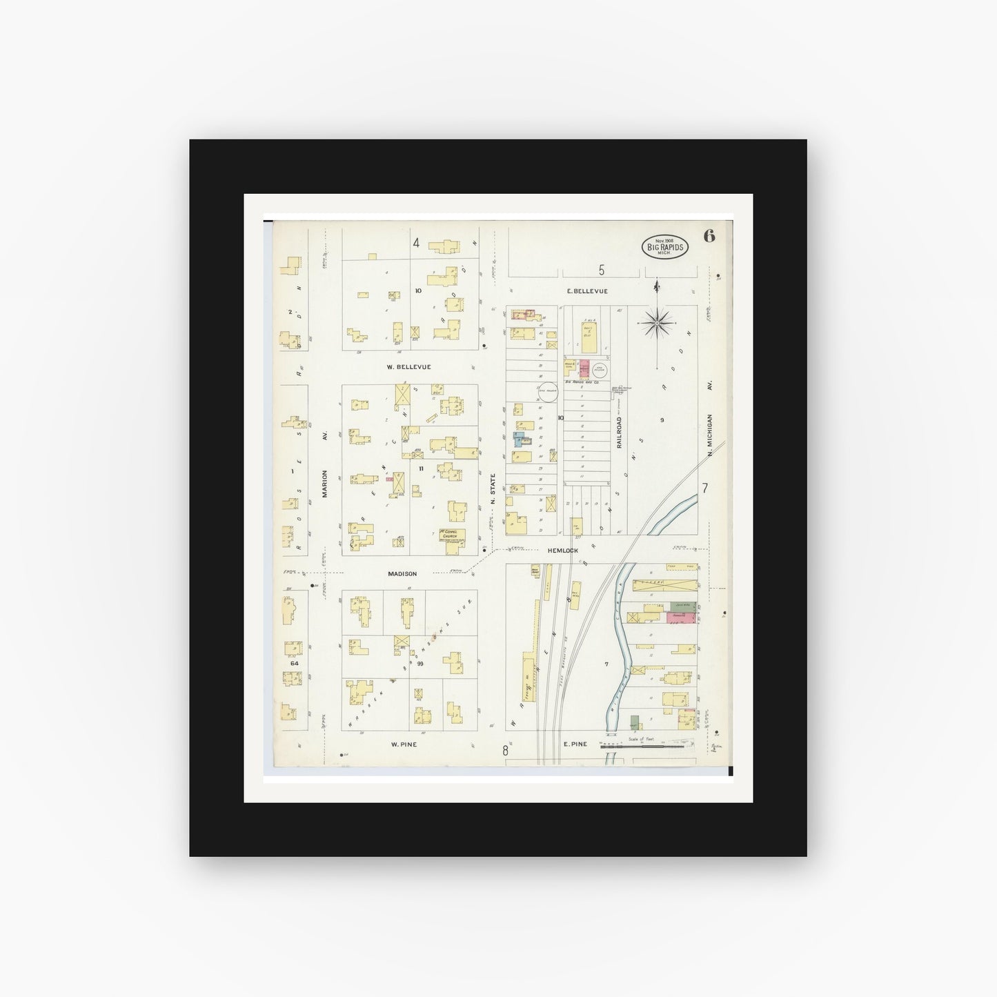 Old map wall art mockup — black gallery frame with white mat — Sanborn Fire Insurance Map from Big Rapids, Mecosta County, Michigan (1908), Sheet #0006