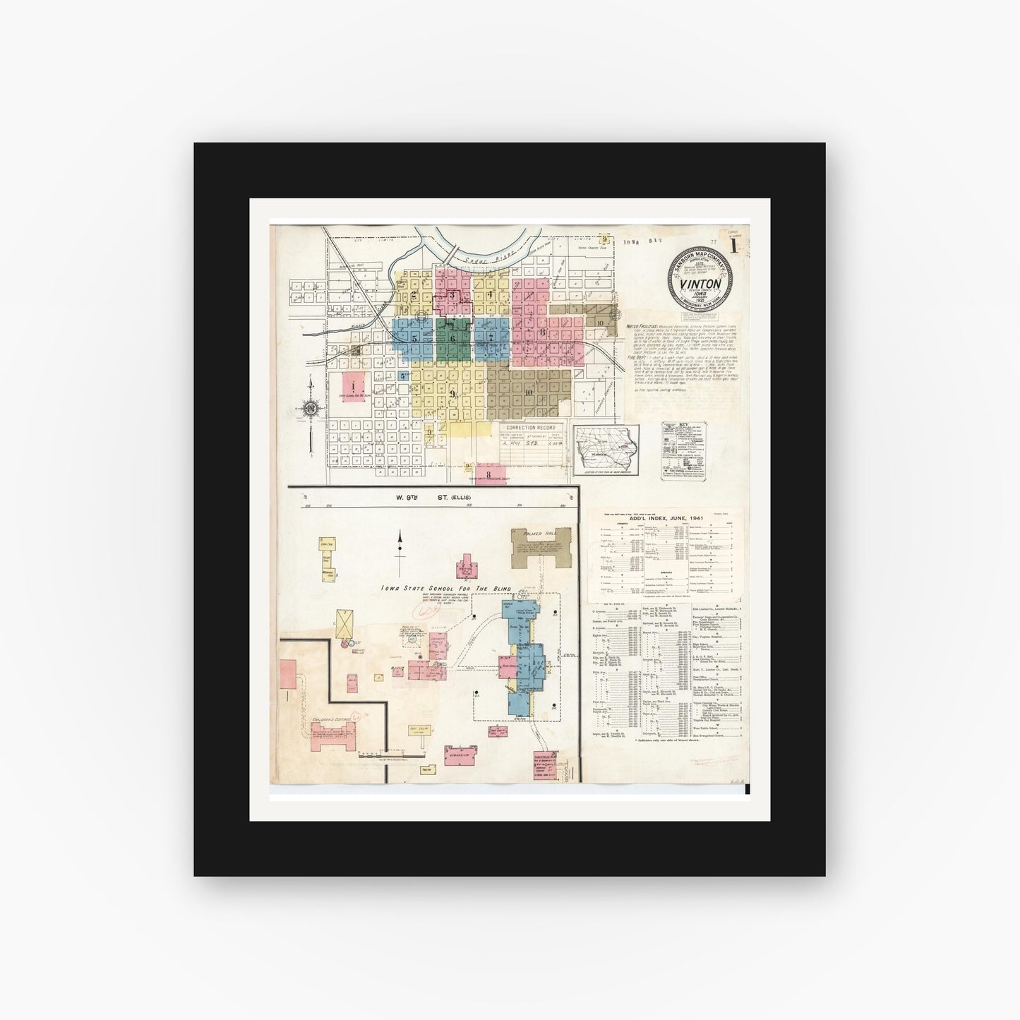 Old map wall art mockup — black gallery frame with white mat — Sanborn Fire Insurance Map from Vinton, Benton County, Iowa (1941), Sheet #0001