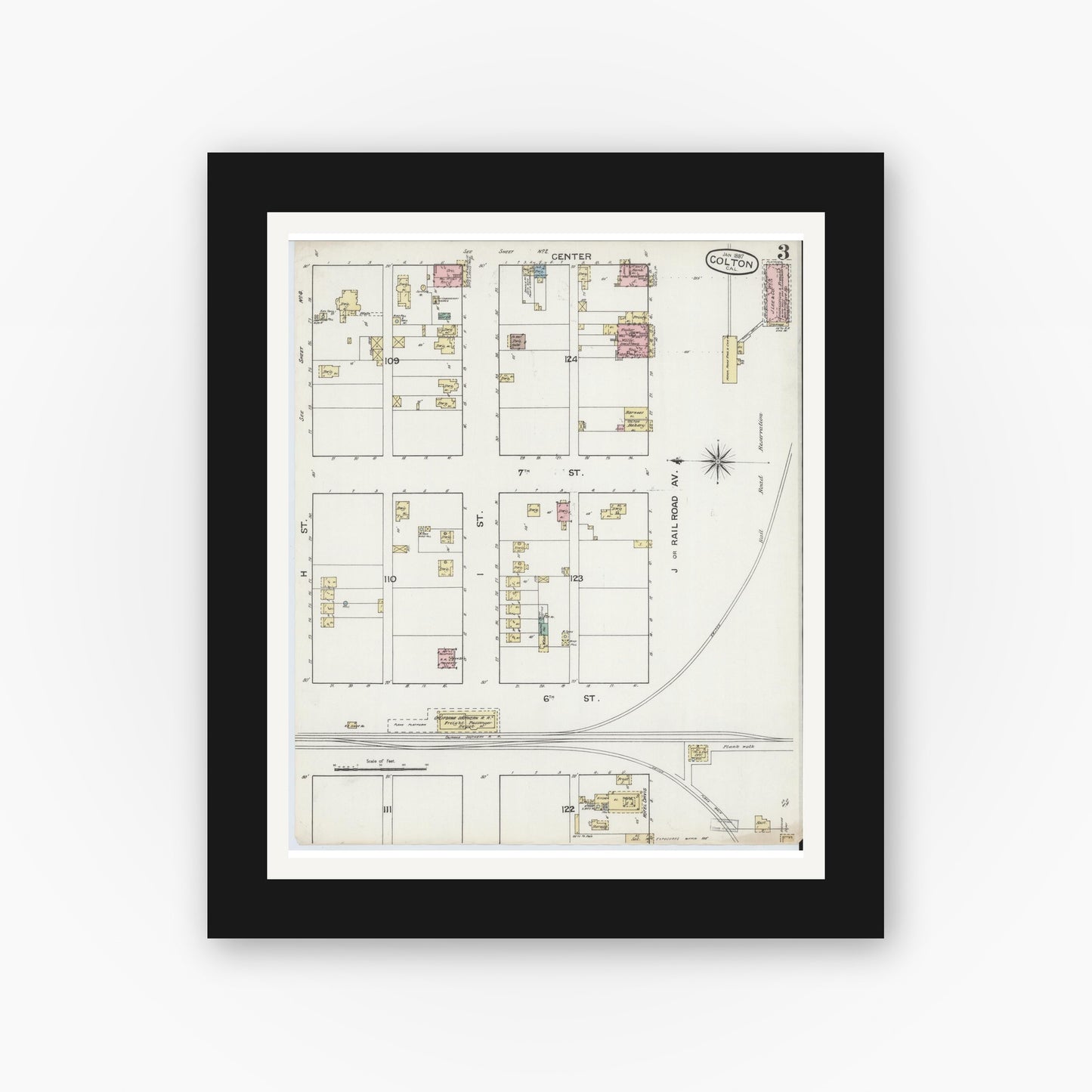 Old map wall art mockup — black gallery frame with white mat — Sanborn Fire Insurance Map from Colton, San Bernardino County, California (1887), Sheet #0003