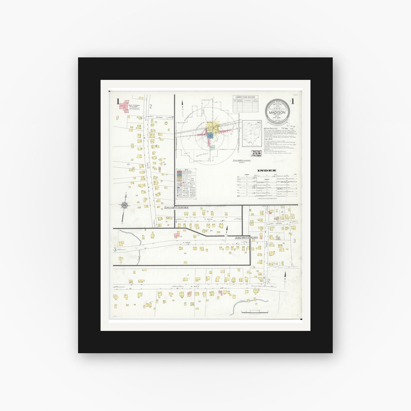 Old map wall art mockup β black gallery frame with white mat β Sanborn Fire Insurance Map from Madison, Lake County, Ohio (1938) - Complete Map Set