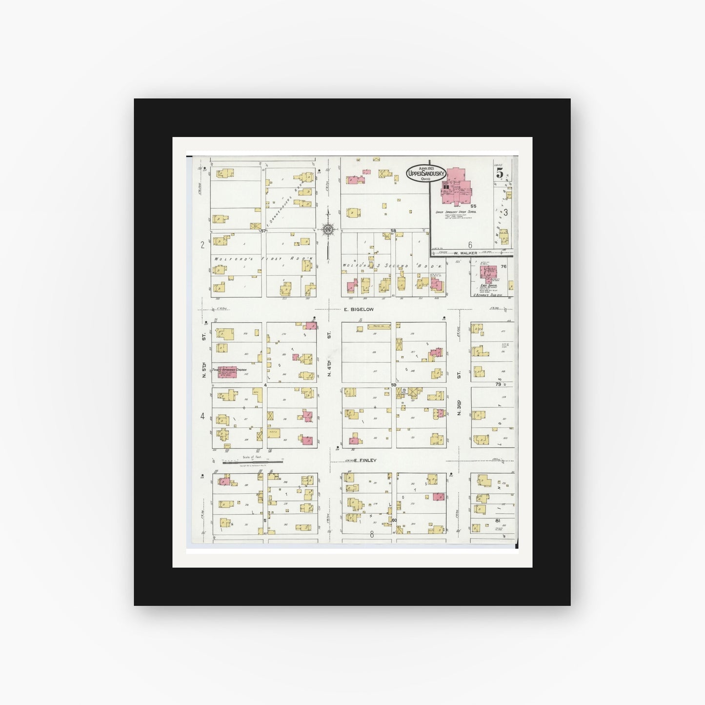 Old map wall art mockup — black gallery frame with white mat — Sanborn Fire Insurance Map from Upper Sandusky, Wyandot County, Ohio (1921), Sheet #0005