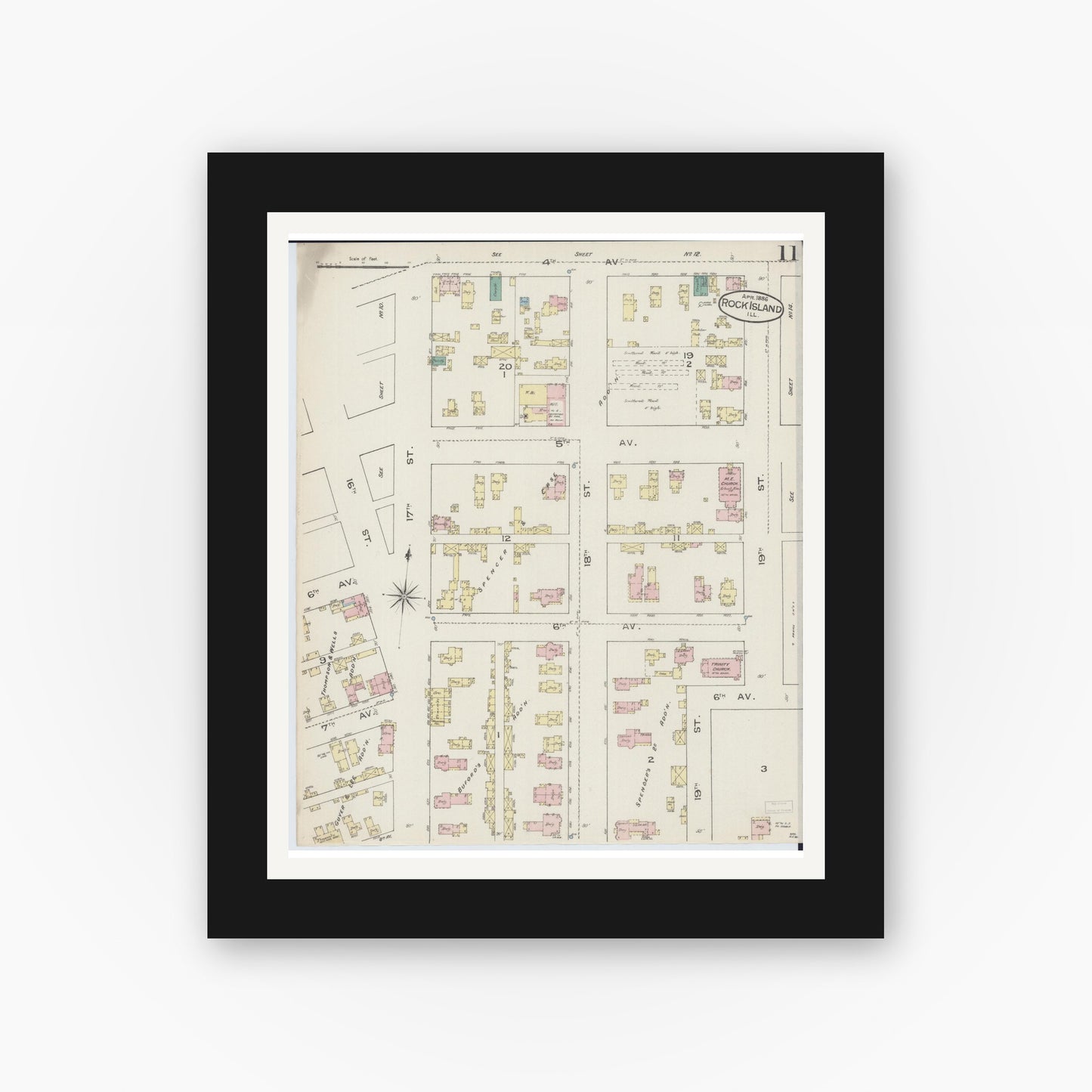 Old map wall art mockup — black gallery frame with white mat — Sanborn Fire Insurance Map from Rock Island, Rock Island County, Illinois (1886), Sheet #0011