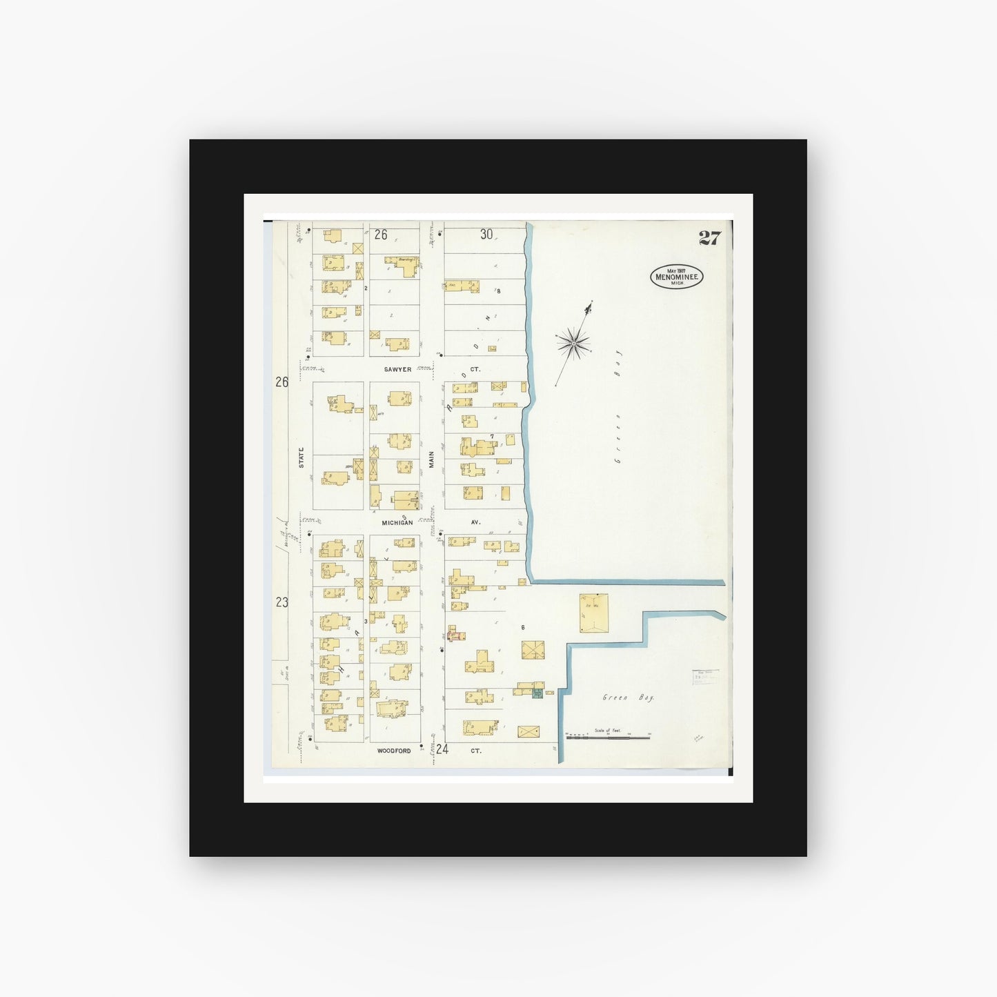 Old map wall art mockup — black gallery frame with white mat — Sanborn Fire Insurance Map from Menominee, Menominee County, Michigan (1907), Sheet #0027