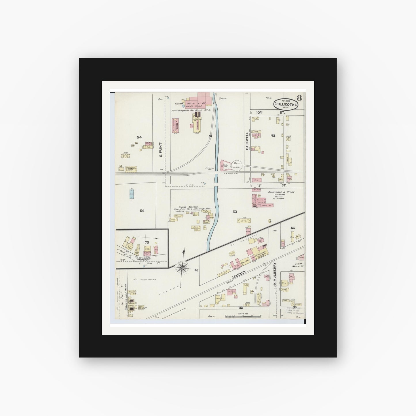 Old map wall art mockup — black gallery frame with white mat — Sanborn Fire Insurance Map from Chillicothe, Ross County, Ohio (1890), Sheet #0008