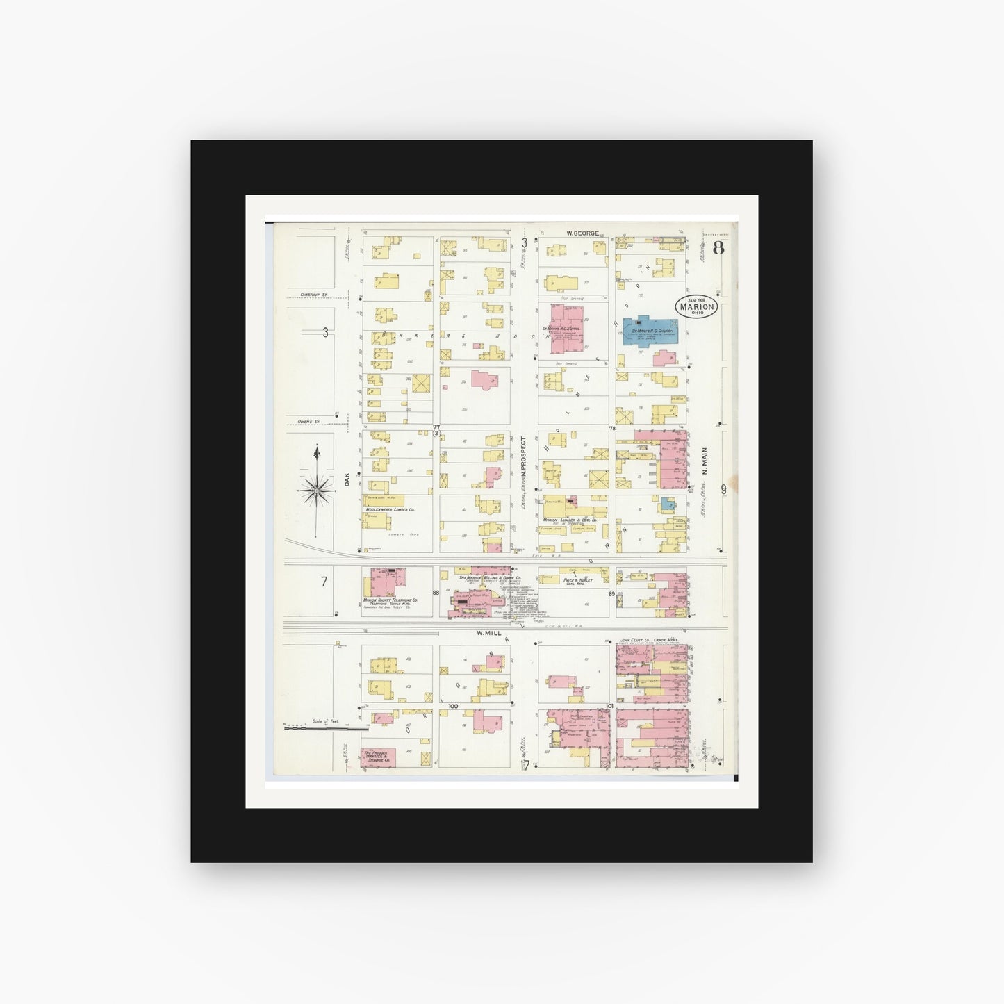 Old map wall art mockup — black gallery frame with white mat — Sanborn Fire Insurance Map from Marion, Marion County, Ohio (1908), Sheet #0008