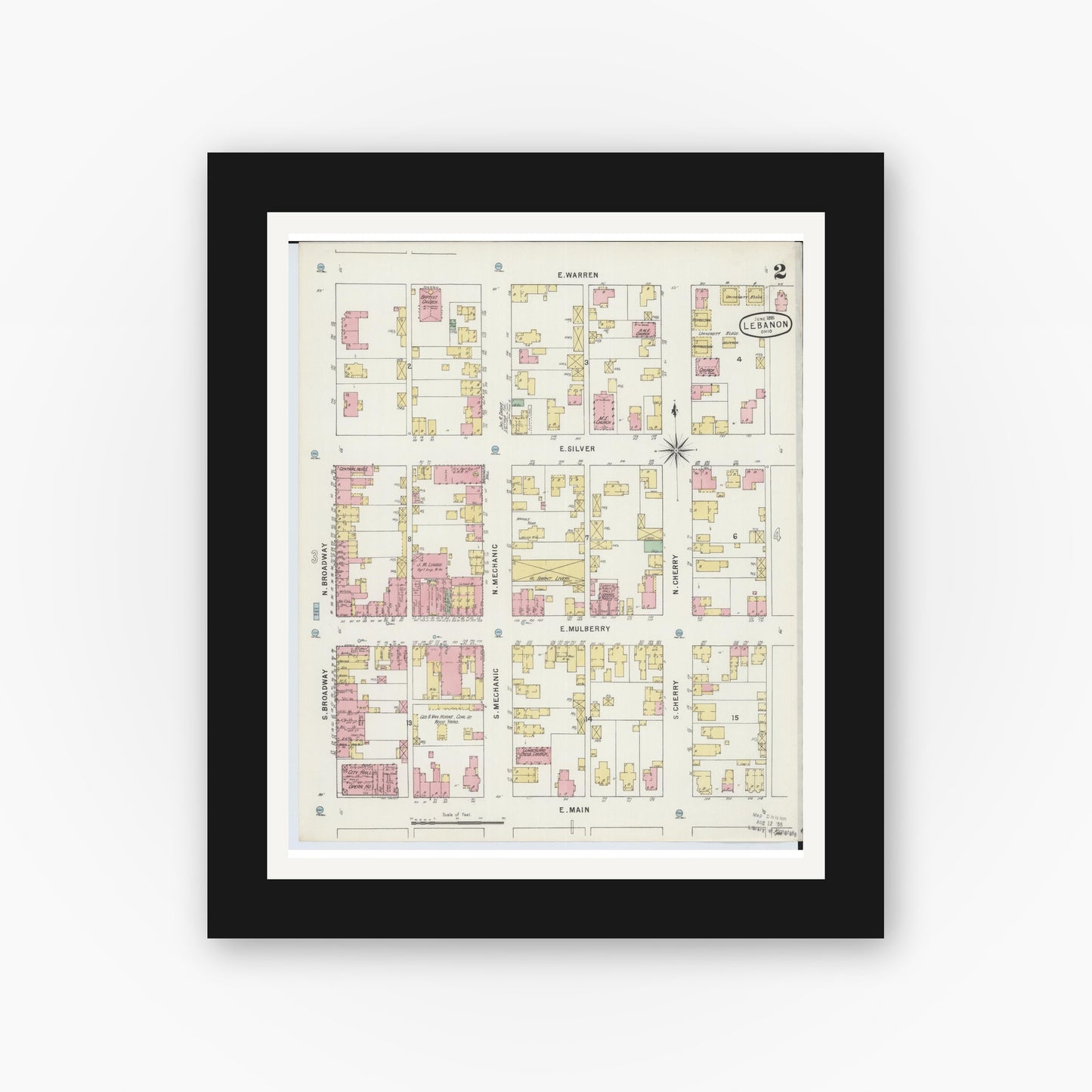 Old map wall art mockup — black gallery frame with white mat — Sanborn Fire Insurance Map from Lebanon, Warren County, Ohio (1895), Sheet #0002