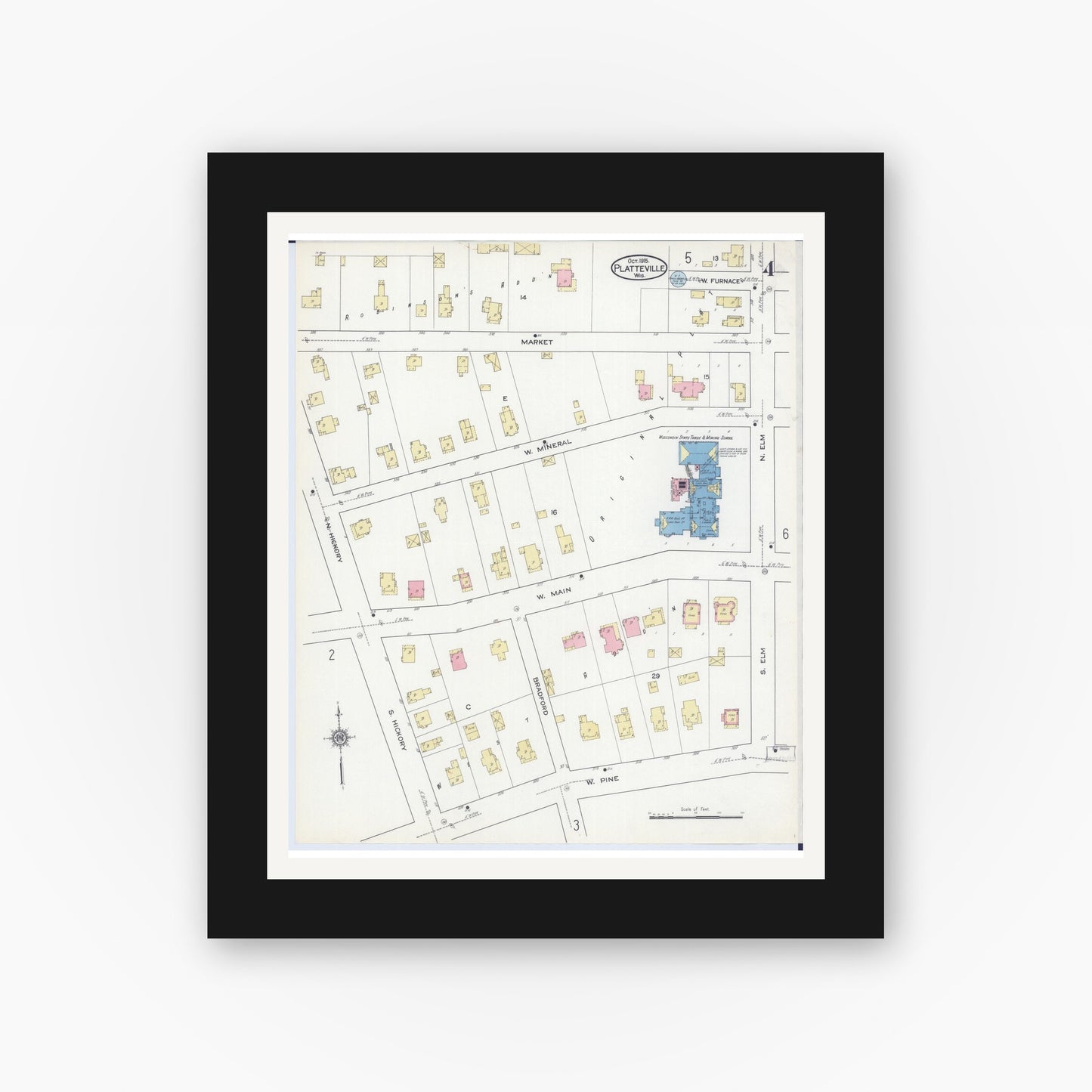 Old map wall art mockup — black gallery frame with white mat — Sanborn Fire Insurance Map from Platteville, Grant County, Wisconsin (1915), Sheet #0004