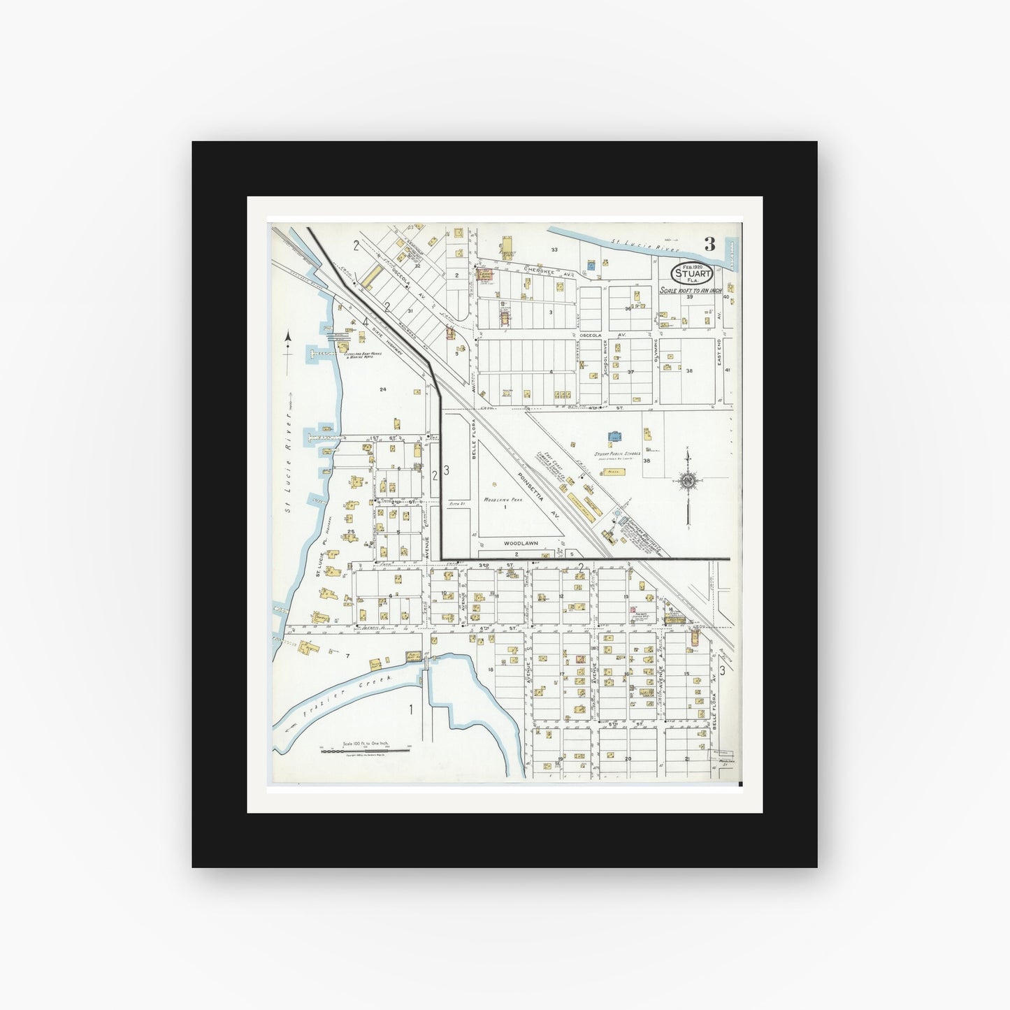 Old map wall art mockup — black gallery frame with white mat — Sanborn Fire Insurance Map from Stuart, Martin County, Florida (1920), Sheet #0003