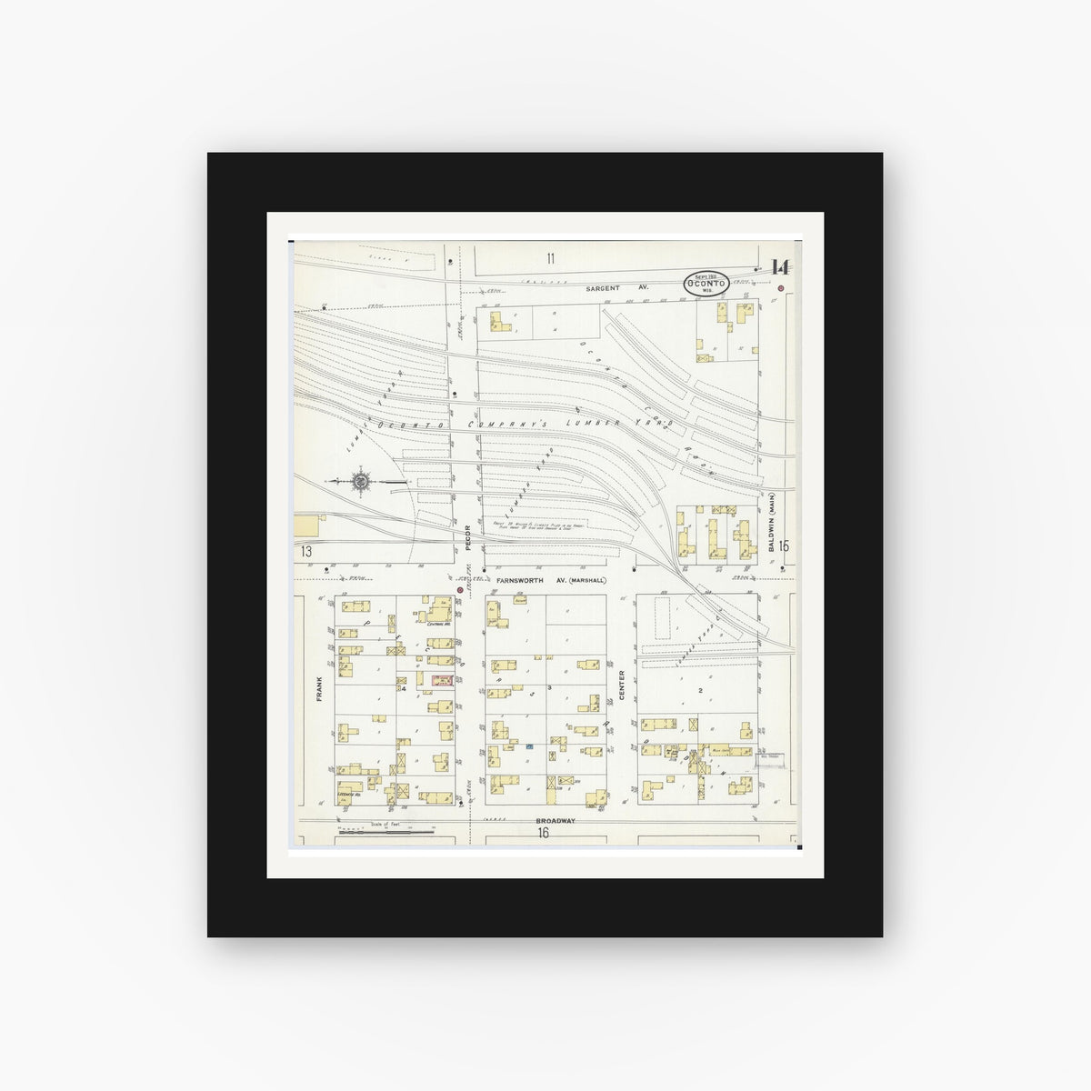 Old map wall art mockup — black gallery frame with white mat — Sanborn Fire Insurance Map from Oconto, Oconto County, Wisconsin (1911), Sheet #0014