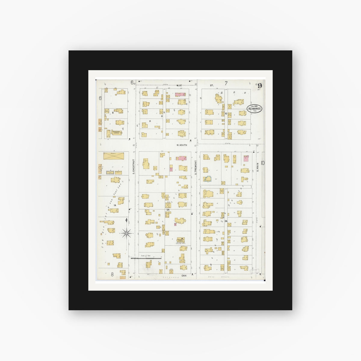 Old map wall art mockup — black gallery frame with white mat — Sanborn Fire Insurance Map from Kewanee, Henry County, Illinois (1899), Sheet #0009