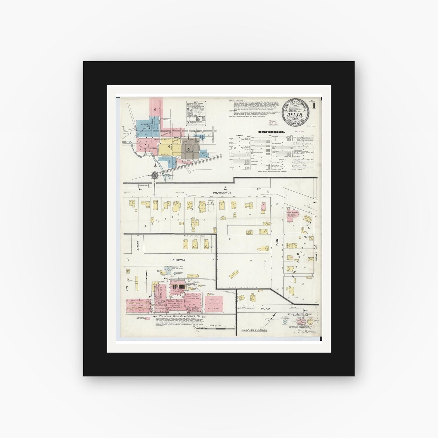 Old map wall art mockup — black gallery frame with white mat — Sanborn Fire Insurance Map from Delta, Fulton County, Ohio (1905), Sheet #0005