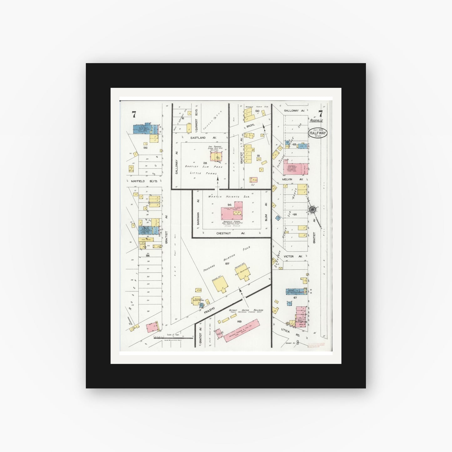 Old map wall art mockup — black gallery frame with white mat — Sanborn Fire Insurance Map from Halfway, Macomb County, Michigan (1925), Sheet #0007