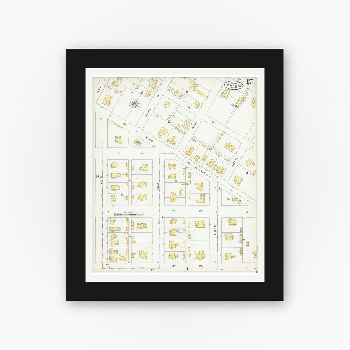 Old map wall art mockup — black gallery frame with white mat — Sanborn Fire Insurance Map from Texarkana, Bowie County, Texas (1900), Sheet #0017